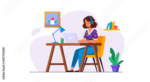 Young woman working from home on laptop, perfect for remote work, freelance, or online education websites and brochures.