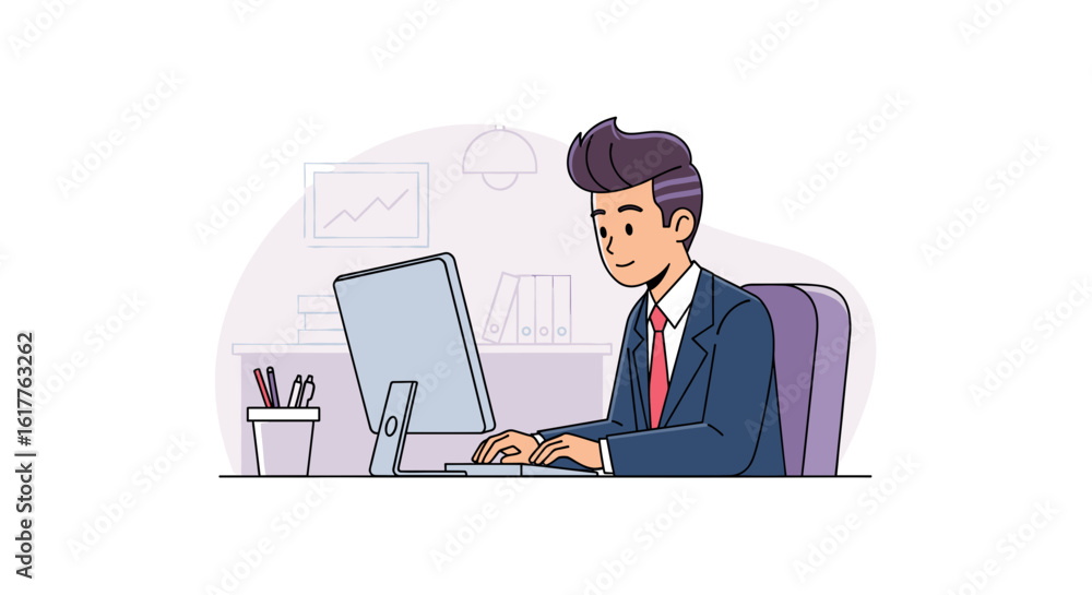 Fototapeta premium Businessman working on computer in office, perfect for website banners or business presentations.