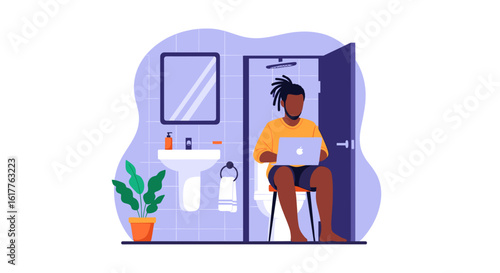 Man working on laptop in bathroom - illustration for blog, website or social media.