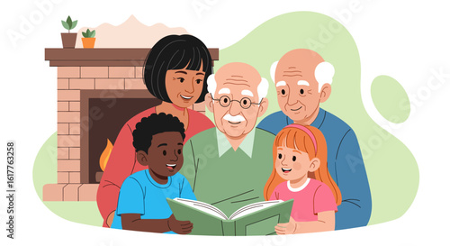 Grandparents reading a book with their grandchildren by the fireplace. Perfect for family, love, and togetherness themes.