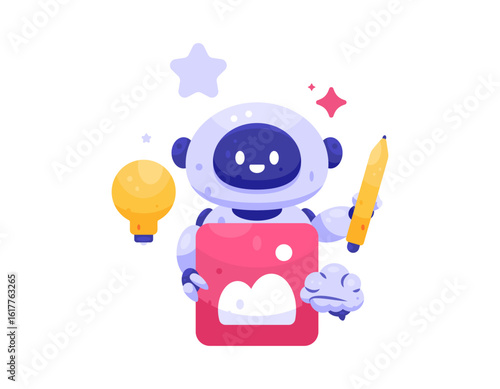 a concept of generating images with AI. Artificial intelligence services. Illustration of a robot assistant holding a pencil and an image symbol. Creativity. Flat style design. Elements