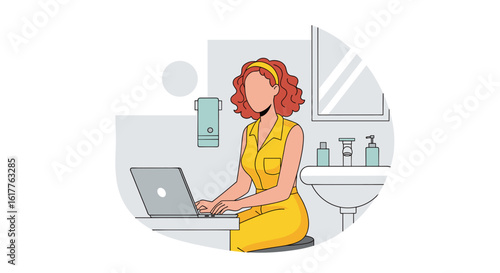 Woman working on laptop in bathroom, illustration for blog post or website.