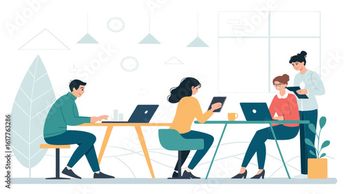 Teamwork in a modern office: Diverse colleagues collaborate on projects using laptops and tablets. Ideal for website banners, marketing materials, or presentations.