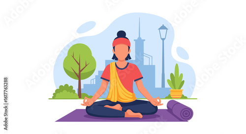 Woman meditating in a park, perfect for wellness websites or mindfulness brochures.