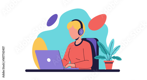 Person working from home on laptop with headphones, perfect for remote work or online business blogs.