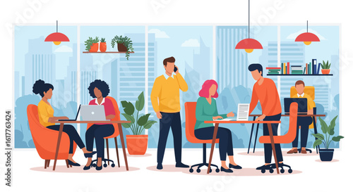 Diverse team collaborating in a modern office, perfect for business websites and brochures.