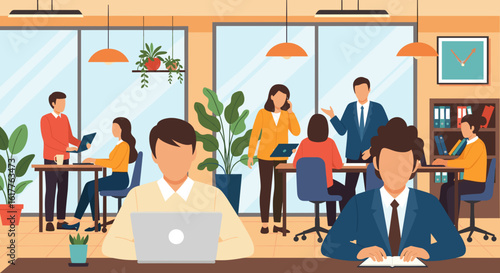 Diverse team of professionals working in a modern office, perfect for corporate websites and presentations.