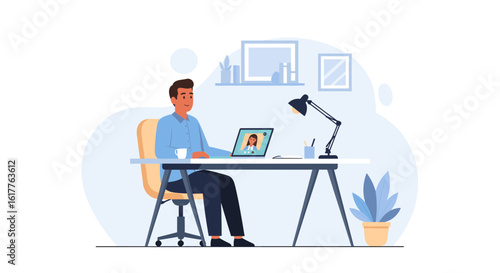 Man having a video conference call at his home office. Perfect for website banners, blog posts, or presentations about remote work.