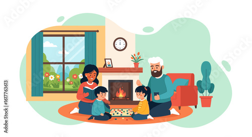 Happy family playing board games at home, perfect for family blogs, websites, and advertisements.