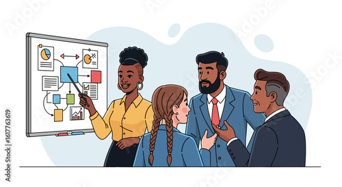 Diverse business team brainstorming, ideal for presentations on collaboration and teamwork.