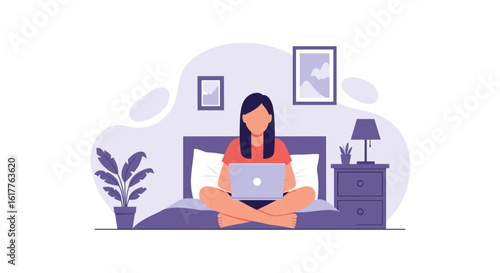 Woman working on laptop in bed - perfect for websites, blogs, or articles about remote work, work-life balance, or freelance lifestyle.