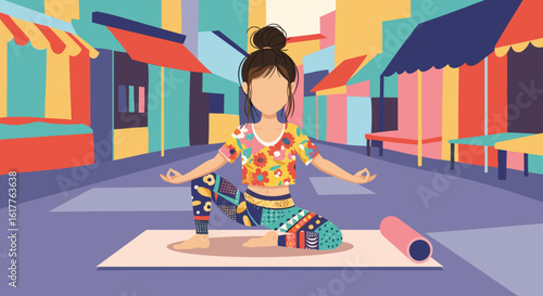 Woman doing yoga in a vibrant colorful street market setting. Perfect for wellness blogs, travel brochures, or mindfulness websites.