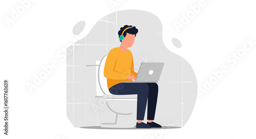Man working on laptop while sitting on toilet -  illustration for articles about work-life balance or remote work challenges.