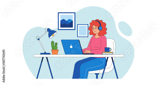 Young woman working from home on laptop, perfect for websites or blogs about remote work, freelancing, or online learning.