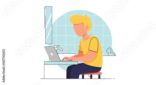 Man working on laptop in bathroom, perfect for blog post or article about remote work.