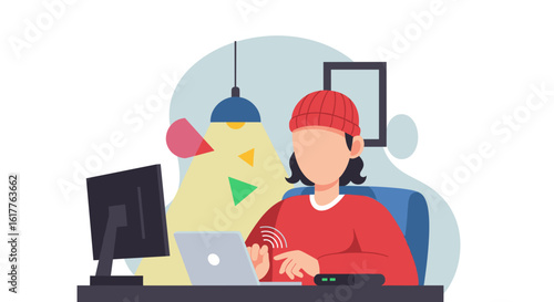 Person working on laptop, illustration perfect for website banners, blog posts, or social media.