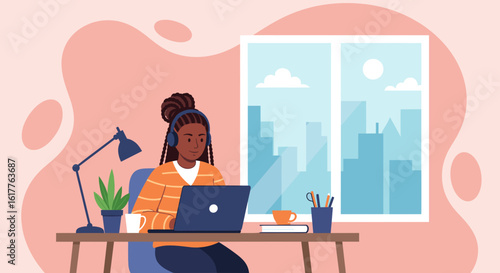 Woman working from home on laptop, perfect for remote work, freelance, or work-life balance websites and blogs.