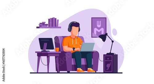 Person working from home, using laptop and headphones. Perfect for blog posts, websites, or articles about remote work.