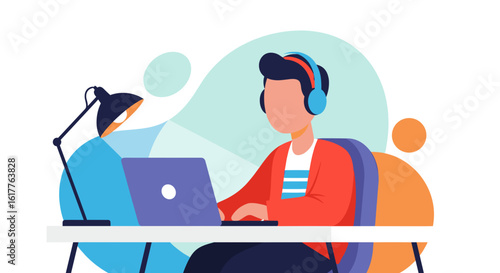 Person working on laptop with headphones, ideal for blog posts about remote work or online learning.