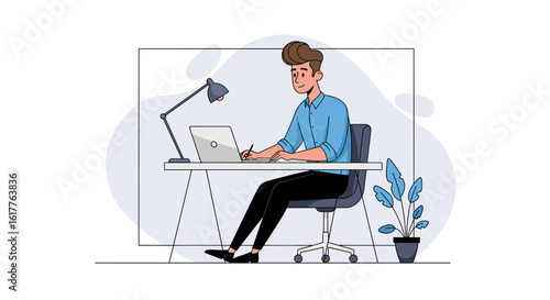 Young man working on laptop at home office, perfect for blog, website or social media.