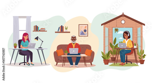 Diverse group of people working remotely from home, perfect for illustrating work from home concepts, telecommuting, or remote work.