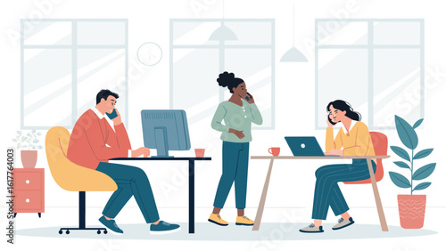 Diverse team working in a modern office, perfect for illustrating teamwork and collaboration in business brochures or websites.