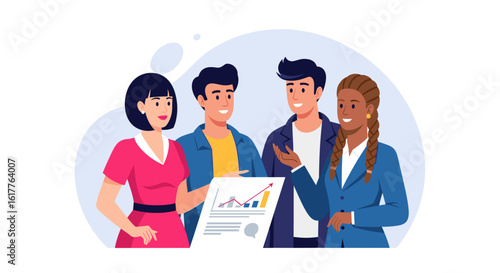 Diverse business team presenting growth chart, ideal for website banners, presentations, and marketing materials.