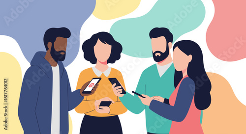 Diverse group of people using smartphones, perfect for illustrating social media, communication, or teamwork concepts.