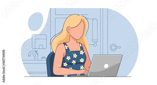 Woman working on laptop at home, perfect for websites or blogs about remote work, freelance, or technology.