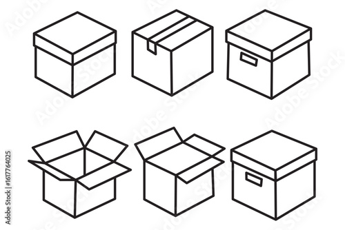 Box icons set. Shipping, delivery box or container icons. Carton box simple icon collection. Delivery symbol Empty open shipping box or unboxing line art