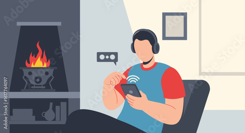 Man using smartphone at home, relaxing by fireplace. Ideal for websites, blogs, or articles about technology, comfort, or remote work.