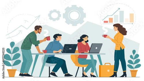 Teamwork and collaboration: Diverse colleagues working together on laptops in a modern office setting. Ideal for website banners, presentations, or marketing materials.