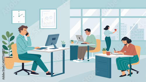 Illustration of a modern office workspace with diverse employees working collaboratively, ideal for websites, brochures, and presentations.