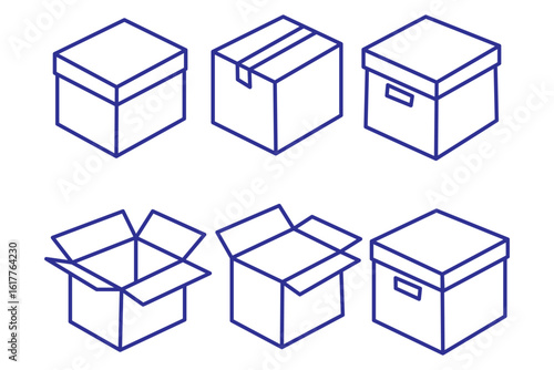 Box icons set. Shipping, delivery box or container icons. Carton box simple icon collection. Delivery symbol Empty open shipping box or unboxing line art