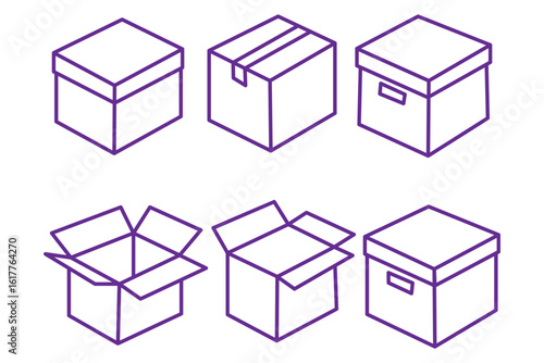 Box icons set. Shipping, delivery box or container icons. Carton box simple icon collection. Delivery symbol Empty open shipping box or unboxing line art