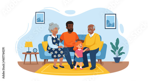 Multigenerational Family Sitting on a Sofa - Perfect for Family, Generational, and Heritage Themes.