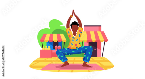 Person practicing yoga outdoors near shops, perfect for wellness websites or brochures.