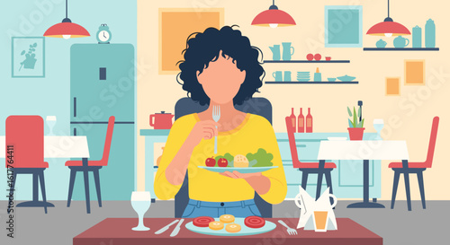 Woman enjoying a healthy meal in a modern kitchen - perfect for blogs, recipe websites or healthy eating campaigns.