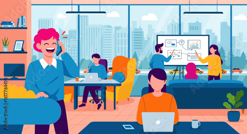 Happy diverse business team collaborating in a modern office, perfect for website banners or presentations.