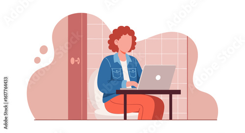 Woman working on laptop in bathroom - perfect for articles about work-life balance, remote work, or unusual workspaces.