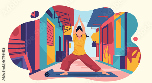 Woman practicing yoga in a vibrant urban setting, perfect for wellness websites or brochures.