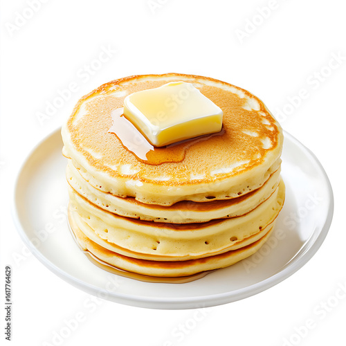 Stack of golden pancakes topped with a pat of melting butter on a white plate