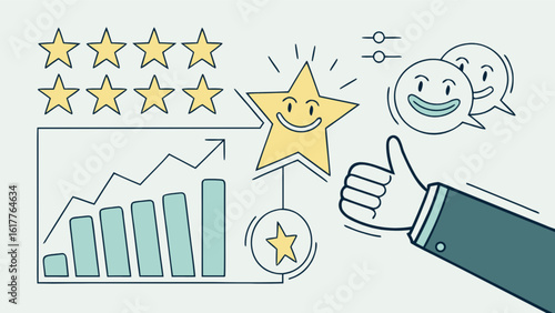 Customer satisfaction is high, showing positive reviews and ratings, illustrating business success and growth