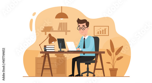 Businessman working at his desk, perfect for websites, presentations, and brochures about work, productivity, and office life.