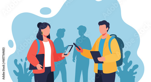 Two young adults using smartphones and tablets, perfect for a website or app showcasing technology or communication.