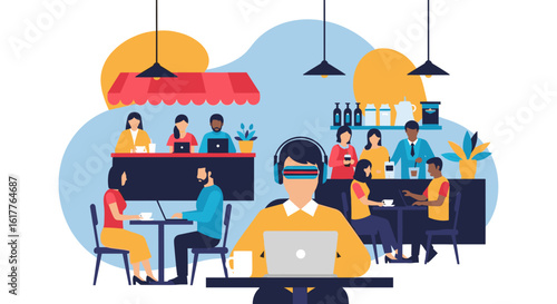 Busy Coffee Shop with Diverse People Working and Relaxing - Perfect for Website or Brochure
