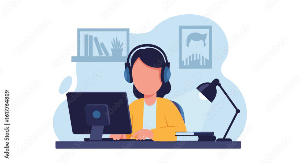 Woman working from home on computer wearing headphones, perfect for remote work, online education, or communication blogs. Woman working from home on computer wearing headphones, perfect for remote work, online education, or communication blogs.