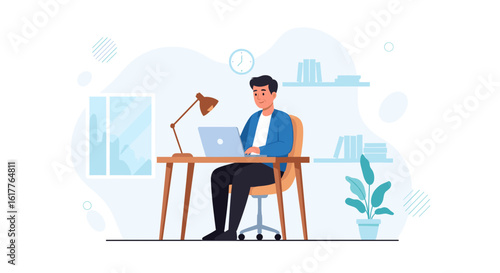 Man working on laptop at home office, perfect for website banners or blog posts about remote work.