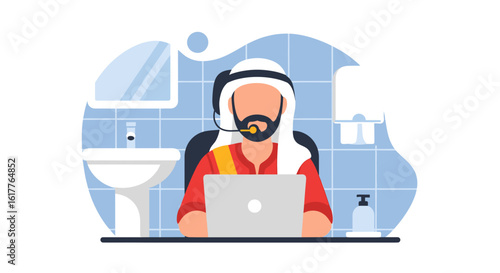 Arab businessman working remotely from home office, using laptop and headset. Perfect for website banners, blogs, and presentations.