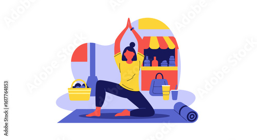Woman doing yoga outdoors near a food stall - perfect for health, wellness, and lifestyle websites and brochures.